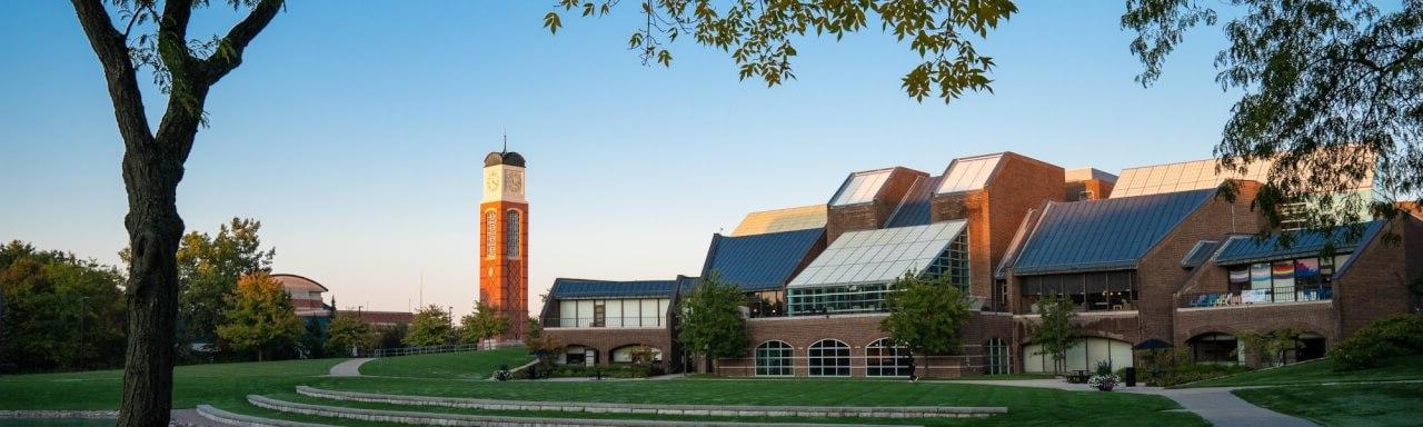 Kirkhof Center and Clock Tower with the sun rising